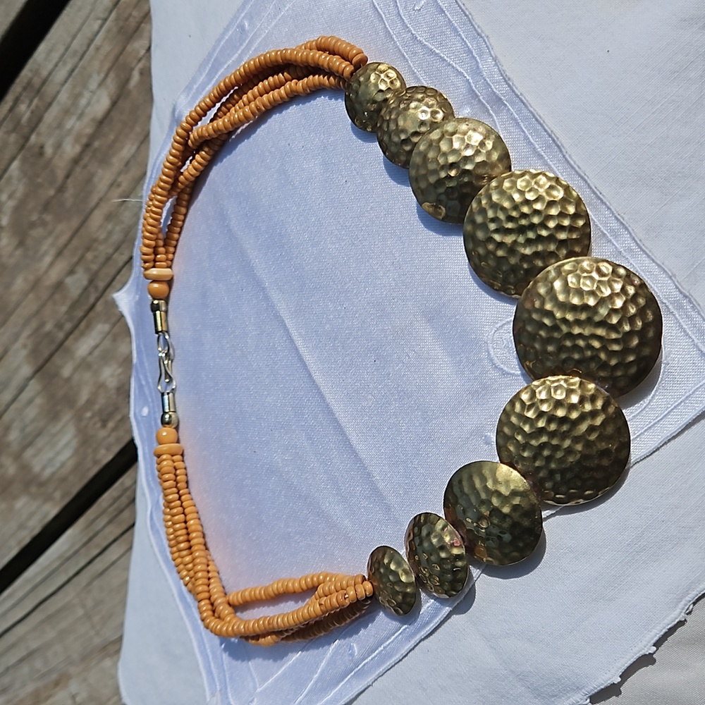 Vintage Celluloid Beaded Multi-strand into Brass Circles necklace #135 - Picture 2 of 9